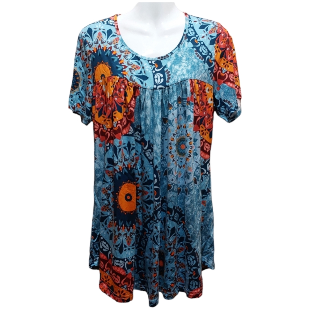 LONGYUAN Tunic Loose Fitting Short Sleeve Top, Flare Blouse, XL Mix-Blue